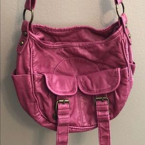 pink mission purse - over the shoulder